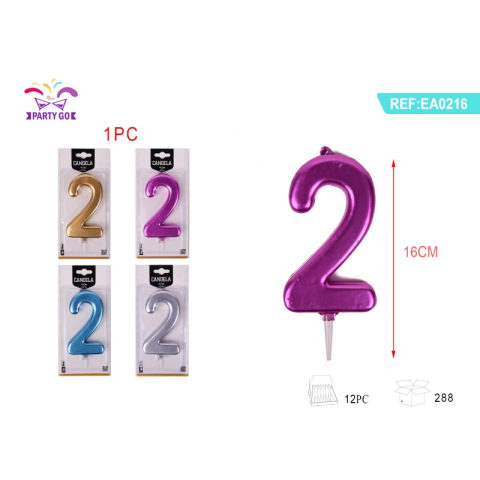 Lumanari aniversare - Lumanari aniversare pentru tort PartyGo cifra 2, 16cm, diverse culori metalizate, EA0216