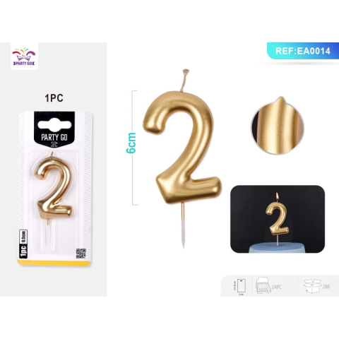 Lumanari aniversare - Lumanari aniversare pentru tort PartyGo cifra 2, 6cm, auriu, EA0014