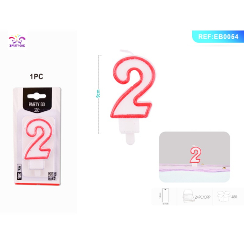 Lumanari aniversare - Lumanari aniversare pentru tort PartyGo cifra 2, 7cm, rosu, EB0054
