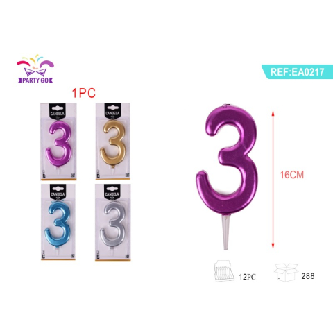 Lumanari aniversare - Lumanari aniversare pentru tort PartyGo cifra 3, 16cm, diverse culori metalizate, EA0217