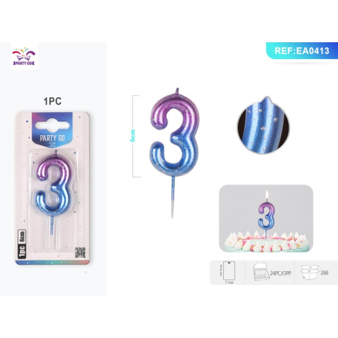 Lumanari aniversare - Lumanari aniversare pentru tort PartyGo cifra 3, 6cm, mov / albastru, EA0413