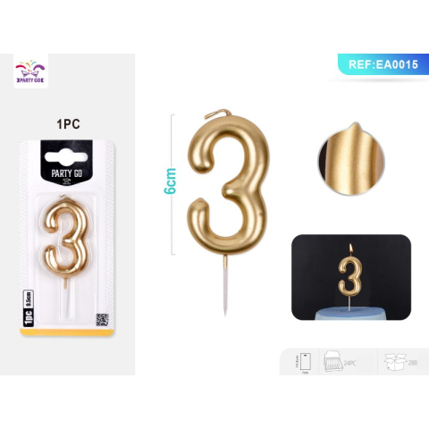 Lumanari aniversare - Lumanari aniversare pentru tort PartyGo cifra 3, 9.5cm, auriu, EA0015