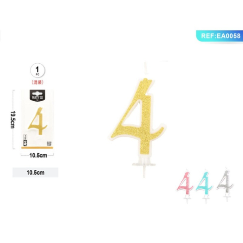 Art & Craft si Artizanat - Lumanari aniversare pentru tort PartyGo cifra 4, 10.5cm, alba cu sclipici diverse culori, EA0058