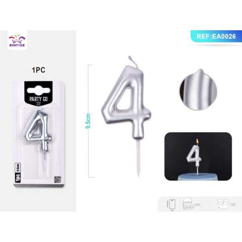 Lumanari aniversare - Lumanari aniversare pentru tort PartyGo cifra 4, 6cm, argintiu, EA0026