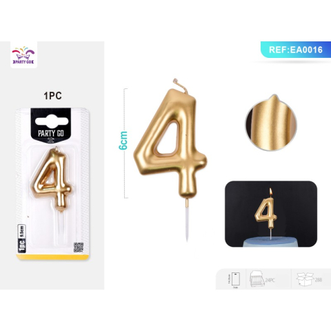Lumanari aniversare - Lumanari aniversare pentru tort PartyGo cifra 4, 6cm, auriu, EA0016