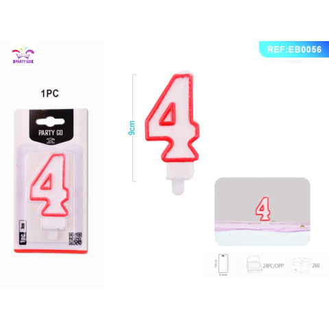 Lumanari aniversare - Lumanari aniversare pentru tort PartyGo cifra 4, 7cm, rosu, EB0056