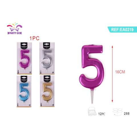 Lumanari aniversare - Lumanari aniversare pentru tort PartyGo cifra 5, 16cm, diverse culori metalizate, EA0219