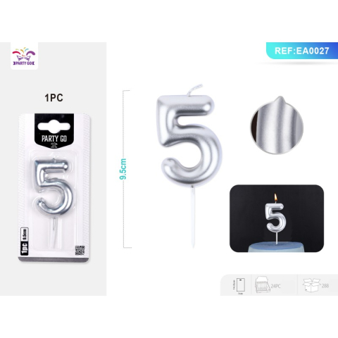 Lumanari aniversare - Lumanari aniversare pentru tort PartyGo cifra 5, 6cm, argintiu, EA0027
