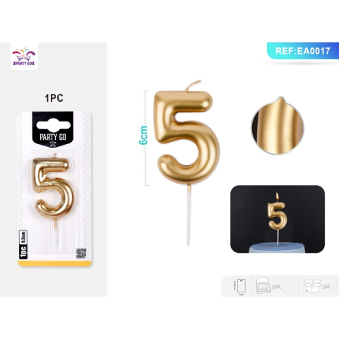 Lumanari aniversare - Lumanari aniversare pentru tort PartyGo cifra 5, 6cm, auriu, EA0017