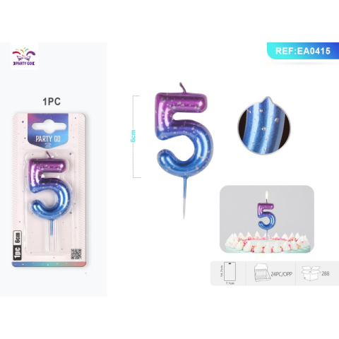 Lumanari aniversare - Lumanari aniversare pentru tort PartyGo cifra 5, 6cm, mov / albastru, EA0415