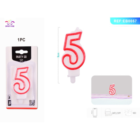 Lumanari aniversare - Lumanari aniversare pentru tort PartyGo cifra 5, 7cm, rosu, EB0057