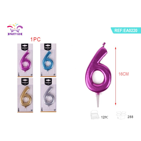 Lumanari aniversare - Lumanari aniversare pentru tort PartyGo cifra 6, 16cm, diverse culori metalizate, EA0220