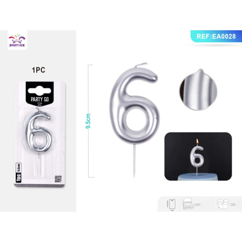 Lumanari aniversare - Lumanari aniversare pentru tort PartyGo cifra 6, 6cm, argintiu, EA0028