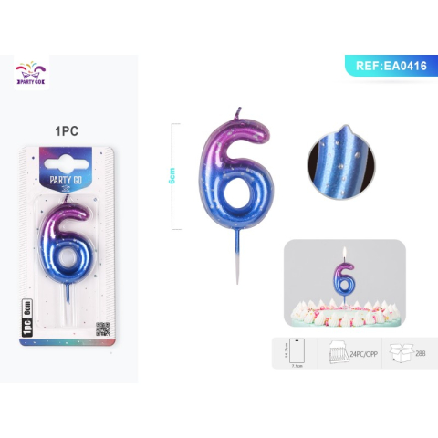 Lumanari aniversare - Lumanari aniversare pentru tort PartyGo cifra 6, 6cm, mov / albastru, EA0416