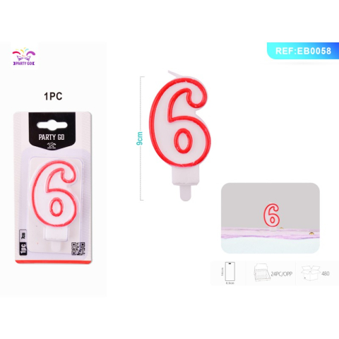 Lumanari aniversare - Lumanari aniversare pentru tort PartyGo cifra 6, 7cm, rosu, EB0058