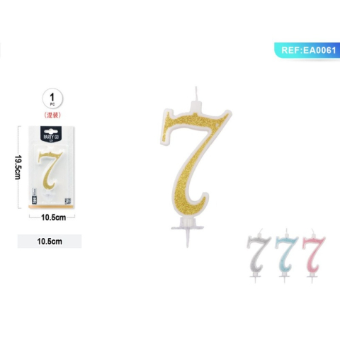 Art & Craft si Artizanat - Lumanari aniversare pentru tort PartyGo cifra 7, 10.5cm, alba cu sclipici diverse culori, EA0061