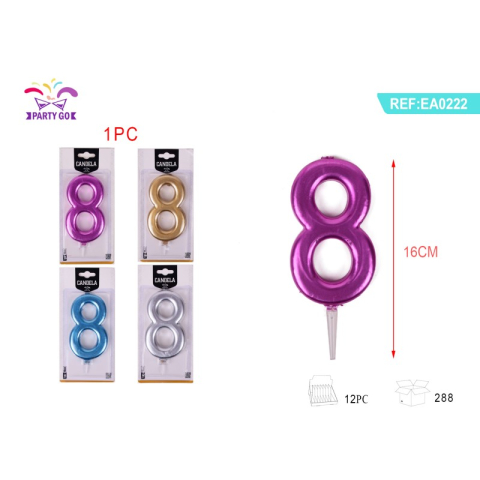 Lumanari aniversare - Lumanari aniversare pentru tort PartyGo cifra 8, 16cm, diverse culori metalizate, EA0222