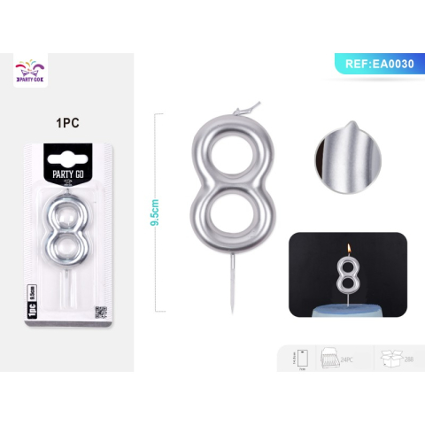 Lumanari aniversare - Lumanari aniversare pentru tort PartyGo cifra 8, 6cm, argintiu, EA0030