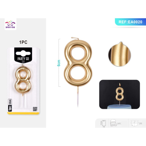 Lumanari aniversare - Lumanari aniversare pentru tort PartyGo cifra 8, 6cm, auriu, EA0020