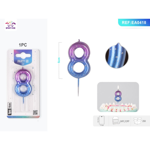 Lumanari aniversare - Lumanari aniversare pentru tort PartyGo cifra 8, 6cm, mov / albastru, EA0418
