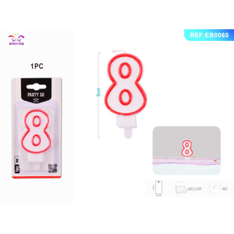 Lumanari aniversare - Lumanari aniversare pentru tort PartyGo cifra 8, 7cm, rosu, EB0060