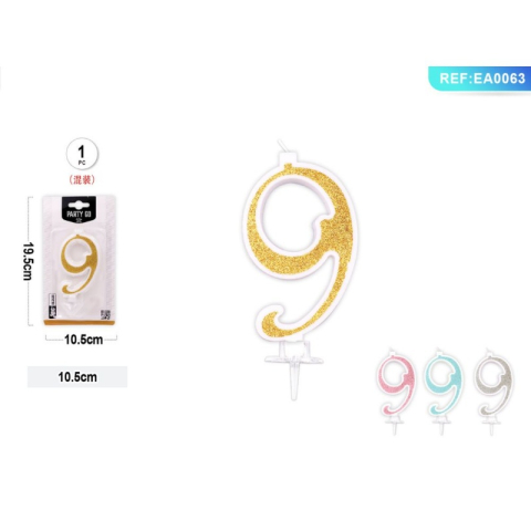 Art & Craft si Artizanat - Lumanari aniversare pentru tort PartyGo cifra 9, 10.5cm, alba cu sclipici diverse culori, EA0063