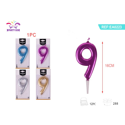 Lumanari aniversare - Lumanari aniversare pentru tort PartyGo cifra 9, 16cm, diverse culori metalizate, EA0223, set 16 buc