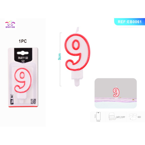 Lumanari aniversare - Lumanari aniversare pentru tort PartyGo cifra 9, 7cm, rosu, EB0061