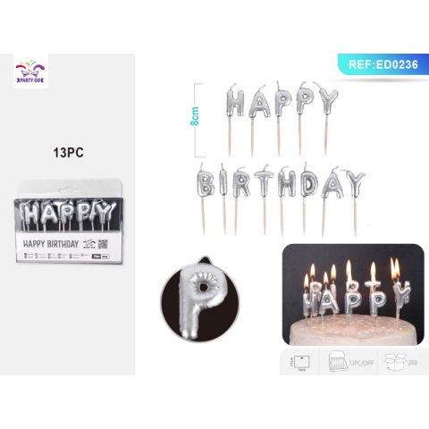 Lumanari aniversare - Lumanari aniversare pentru tort PartyGo Happy Birthday, argintiu, ED0236, set 13 buc