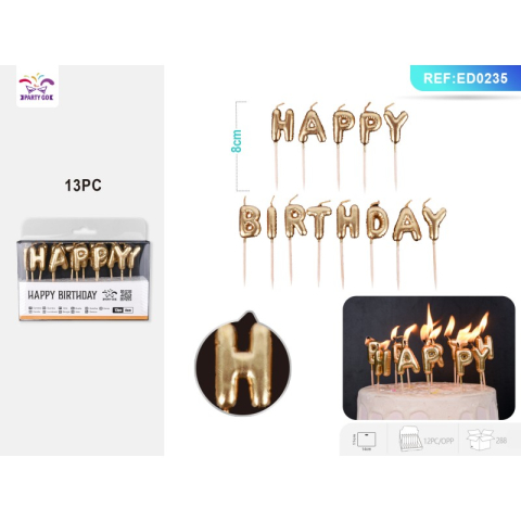 Lumanari aniversare - Lumanari aniversare pentru tort PartyGo Happy Birthday, auriu, ED0235, set 13 buc