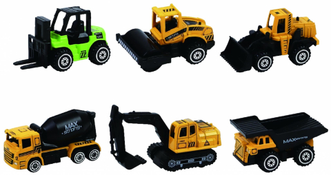 Jucării și Jocuri pentru copii - Macheta die cast, set 6 utilaje, scara 1/64, 7.5cm, diverse modele si culori- incarcator, compactor, buldozer, betoniera, excavator senile, basculanta- alb, bleu,negru si galben