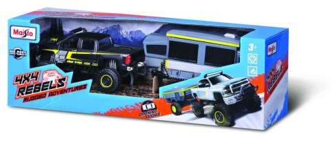 Jucării și Jocuri pentru copii - Maisto masinuta metalica 4x4 rebels rugged adventures cu remorca negru  varsta 3 ani -+15 ani