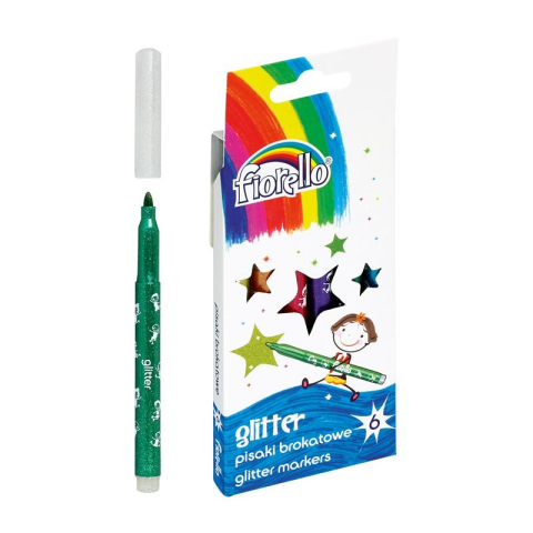 Art & Craft si Artizanat - Marker cu vopsea Fiorello GR-118, varf rotund, 1.5mm, set 6 culori cu sclipici (galben, orange, rosu, mov, verde, albastru)
