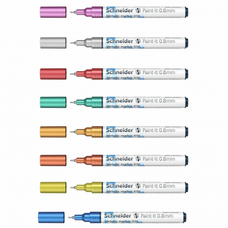 Culori acrilice - Marker cu vopsea metalizata, varf subtire, 0.8 mm, SCHNEIDER Paint-It 010 Metallic, 8 culori