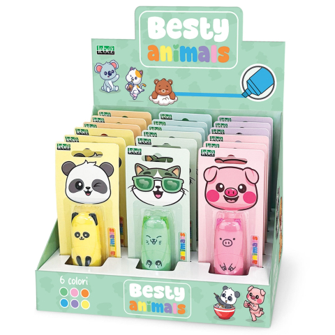 Rechizite Școlare - Marker evidențiator pastel Besty Animals, 6 culori (18 buc/display) varsta 3 ani+,6 ani+,8 ani+