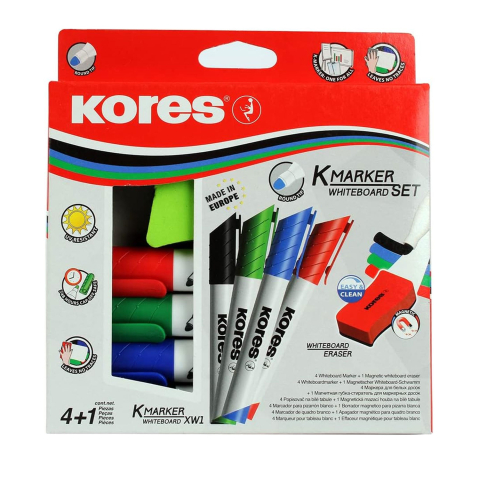 Birotică și Papetărie - Marker whiteboard 4/set 3mm + burete magnetic kores