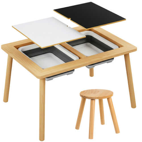 Jucării STEM, Știință şi Experimente - Masa Senzoriala cu Scaun, Montessori, din lemn, educativa, 51.5 x 52 x 72 cm