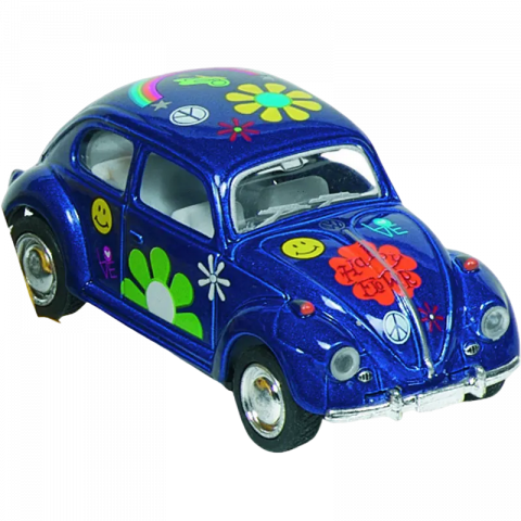 Mașini, trenulețe, vehicule - Masinuta Die Cast VW Beetle Classic, scara 1:64, lungime 6,5cm, cu print floral, albastra