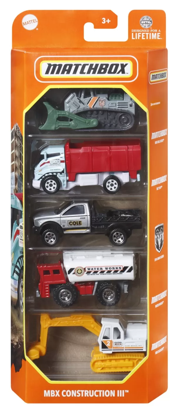 Mașinuțe copii, Camioane de Jucărie - Matchbox set 5 masinute metalice mbx construction iii scara 1:64, varsta de la 3 ani la 12 ani
