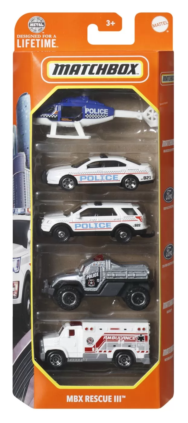 Mașinuțe copii, Camioane de Jucărie - Matchbox set 5 masinute metalice mbx rescue iii scara 1:64, varsta de la 3 ani la 12 ani