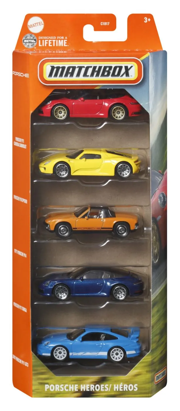 Jucării și Jocuri pentru copii - Matchbox set 5 masinute metalice porsche heroes scara 1:64, copii varsta 3 ani pana la 12 ani