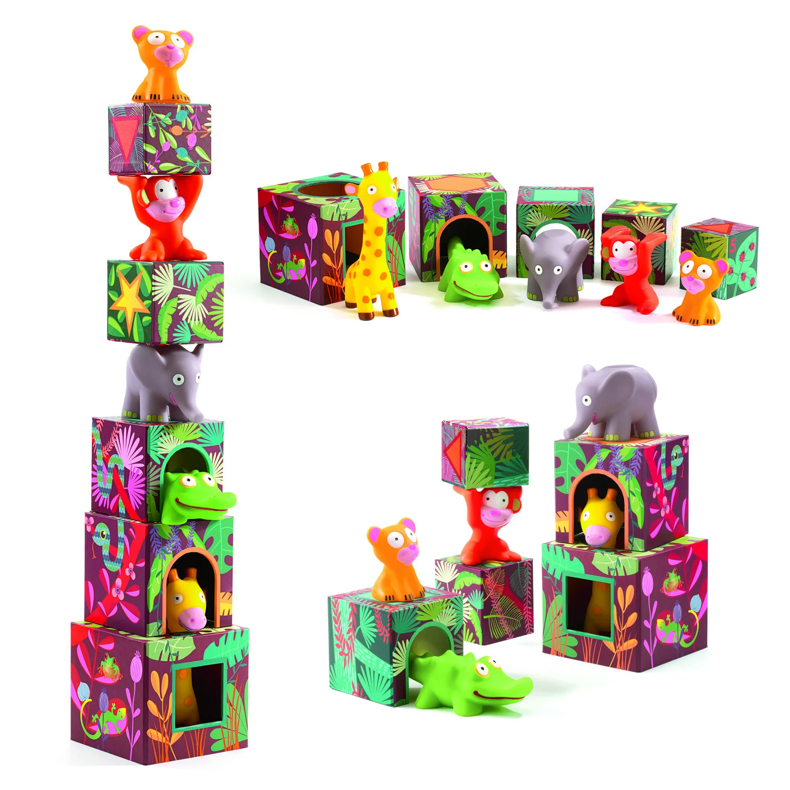 Jucarii motrice, sortare si indemanare bebelusi - Maxi Topanijungle, Set 5 cuburi turn, Joc de constructie, Djeco, varsta 1 - 3, 3 - 6 ani, Baiat, Fata