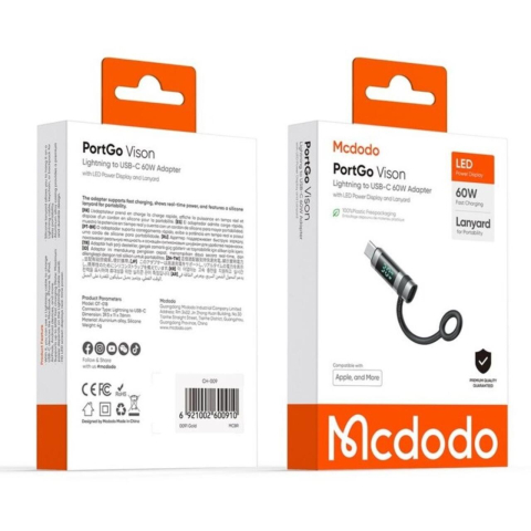 Laptop, Tablete & Telefoane - Mcdodo Adaptor Lightning la Type-C 60W, Pigeon Series, carlig din silicon, aliaj de aluminiu, afisaj LED HD, Negru