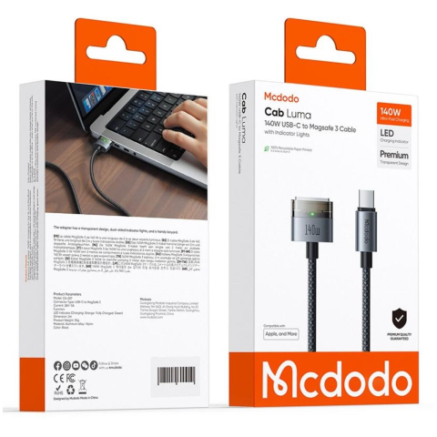 Mcdodo Cablu Type-C la MagSafe 3 pentru MacBook, Fast Charger 140W, Indicator LED, 2m, Negru [7]