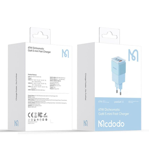 Solutii incarcare - Mcdodo Incarcator Retea Port 2xType-C si 1xUSB-A Dichromatic GaN5 Mini, Fast Charging PD 67W, Albastru