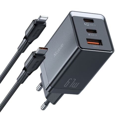 Mcdodo Set Incarcator Retea 2xType-C si 1xUSB-A GaN5 Mini Pro Fast Charger 67W, cablu Type-C la Lightning, 1.2m, Negru [8]