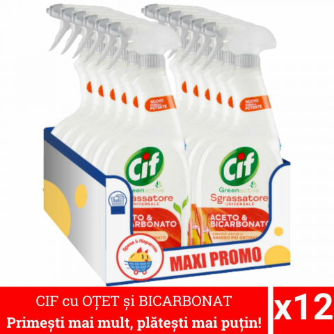 Curatenie, intretinere casa - 12x Cif Spray Degresant Otet si Bicarbonat 650ml – Pachet Profesional