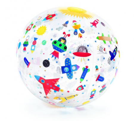 Sporturi cu mingea - Minge de plaja, model Spatiul Cosmic, Rachete, 35 cm diametru, transparenta, Djeco, varsta 3 - 6, 6 - 9 ani, Baiat, Fata