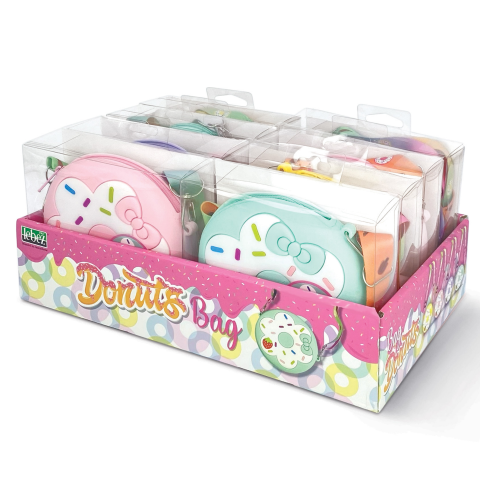 Camera copilului - Mini geanta Donuts din silicon, cu fermoar si curea de umar reglabila  - ø 12 x 3.5 cm (8 buc/display), copii varsta 3 ani+,6 ani+,8 ani+