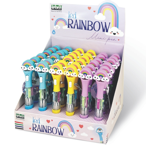 Rechizite Școlare - Mini pix 4 culori in 1 cu LED, Rainbow, 3 modele (36 buc/display), copii varsta 3 ani+,6 ani+,8 ani+